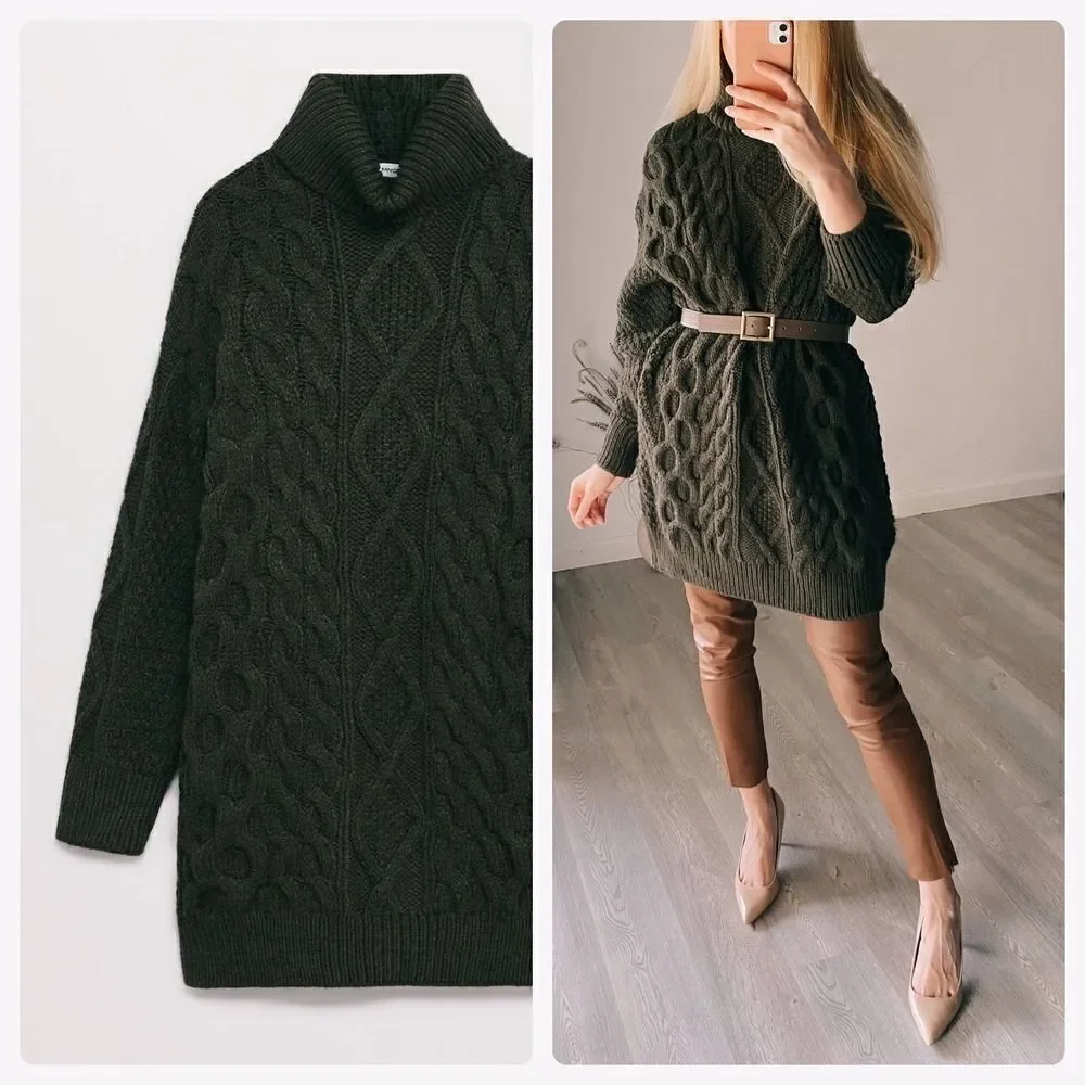 Mango Cable Knit Chunky Dress Braids Oversized Turtleneck Khaki - Picture 3 of 7